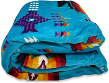 Load image into Gallery viewer, Turquoise Southwestern Aztec Sherpa Borrego Fleece Throw Blanket