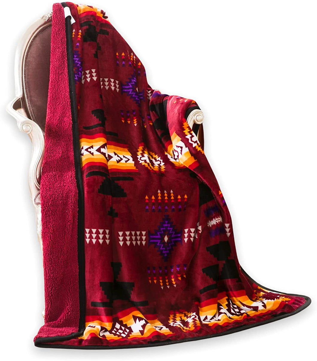 Burgundy Southwestern Aztec Sherpa Borrego Fleece Throw Blanket