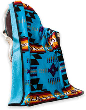 Load image into Gallery viewer, Turquoise Southwestern Aztec Sherpa Borrego Fleece Throw Blanket
