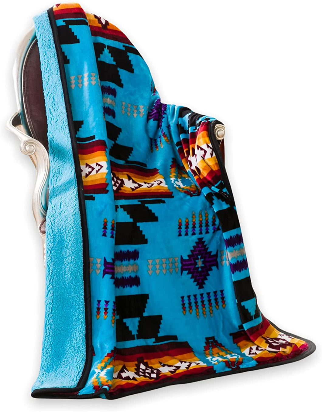 Turquoise Southwestern Aztec Sherpa Borrego Fleece Throw Blanket