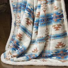 Load image into Gallery viewer, Tan and Blue Southwestern Aztec Sherpa Borrego Fleece Throw Blanket
